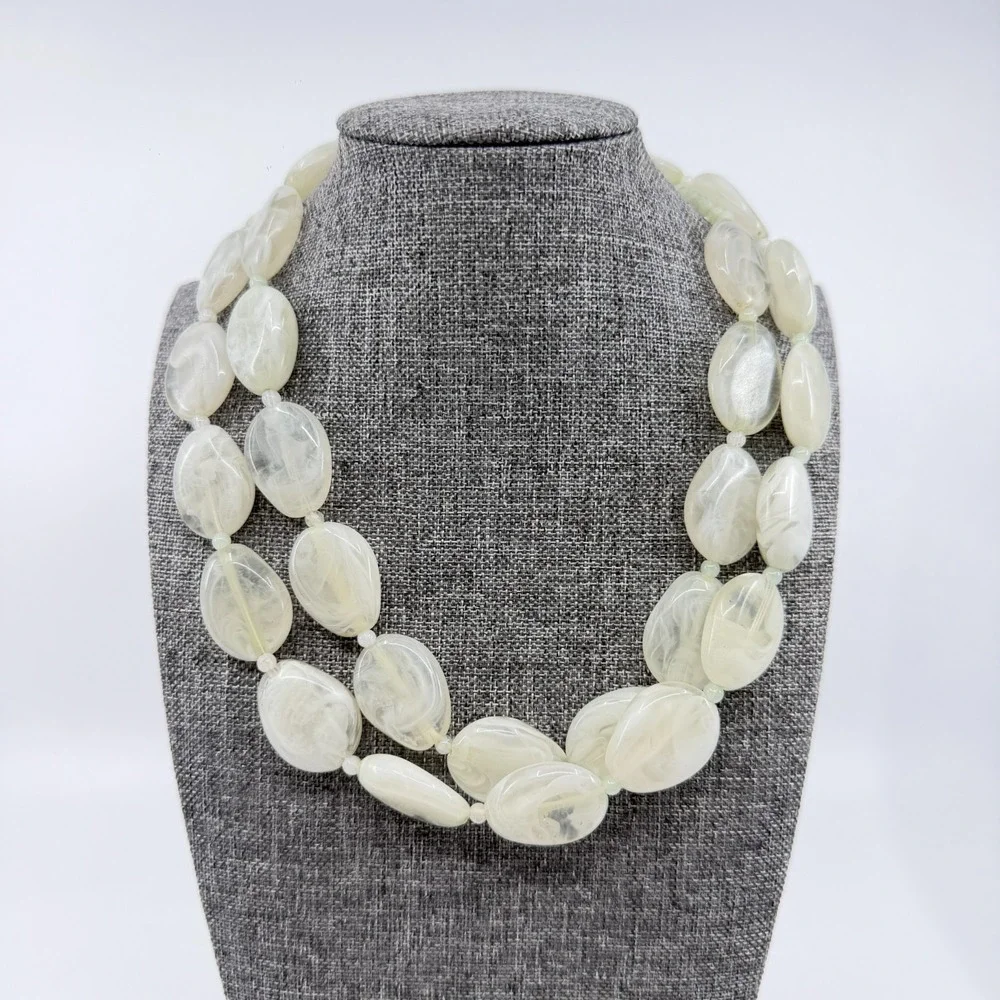 Pale Green Translucent Marbled Bead Double Strand Necklace Statement Jewelry